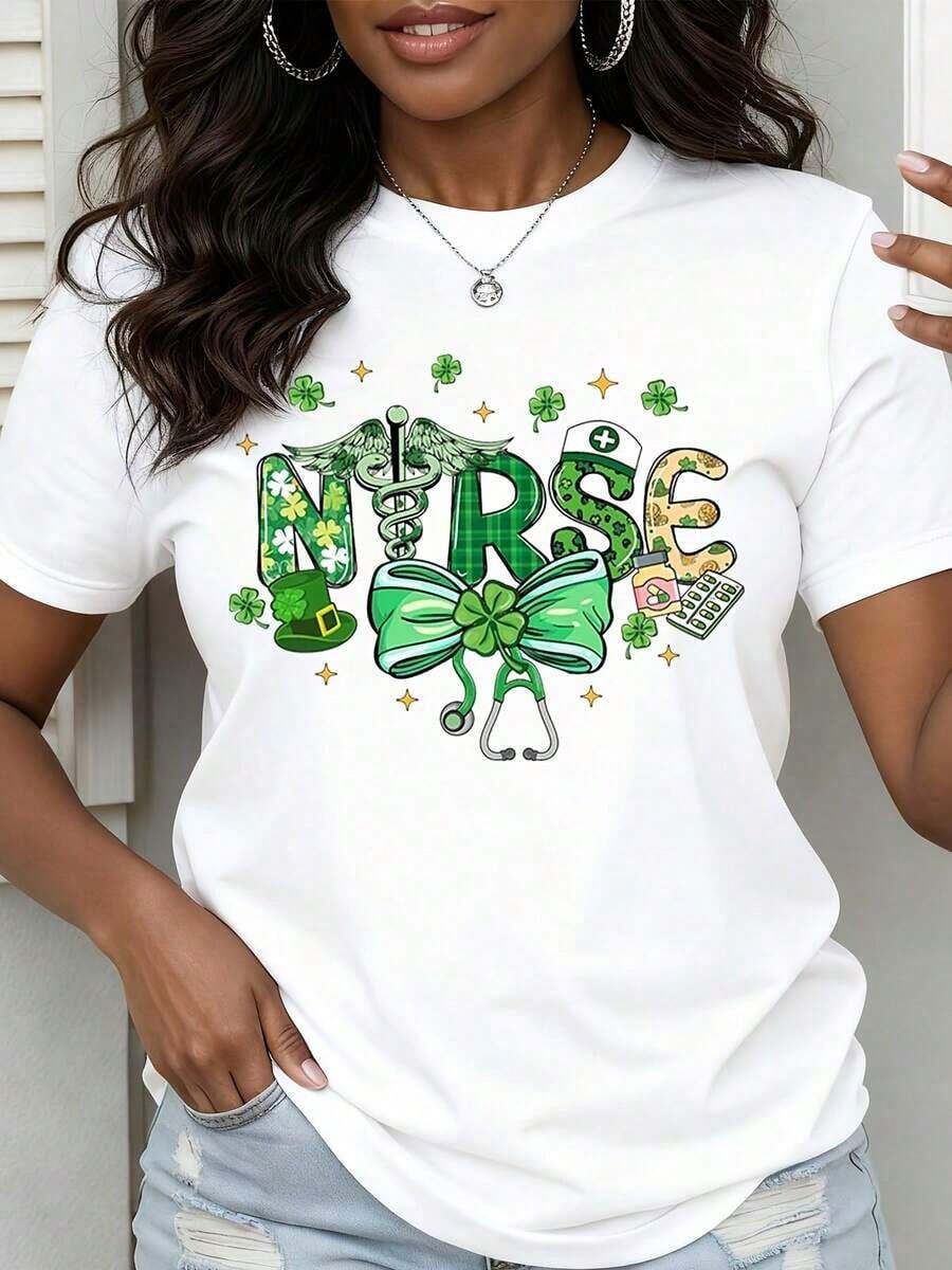 Women's St. Patrick's Day Short Sleeve T-Shirt With Nurse, Shamrock And Sedic Symbols Design For St. Patrick's Day Celebration - Urban Vintage Style, Unisex, Loose Fit, Cotton, Crew Neck And Short Sleeve. - 白色 - 查看 1