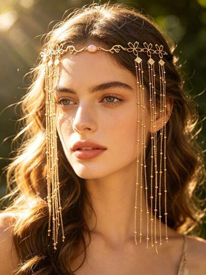 1pc Elegant Floral Tassel Head Chain, Gold Metal Hair Jewelry With Pink Gemstone & Long Beaded Fringe, Boho Bridal Headpiece For Wedding, Bachelorette Party & Cosplay