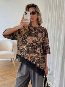 Camiseta casual de mujer con dobladillo asimétrico de encaje de unicolor, uso básico diario, blusa casual de primavera/verano para vacaciones de mujer, vacaciones de verano para mujer, primavera para mujer, vacaciones de primavera, top para ir - Multicolor - Ver 11