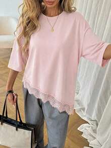 Camiseta casual de mujer con dobladillo asimétrico de encaje de unicolor, uso básico diario, blusa casual de primavera/verano para vacaciones de mujer, vacaciones de verano para mujer, primavera para mujer, vacaciones de primavera, top para ir - Rosa Pálido - Ver 7
