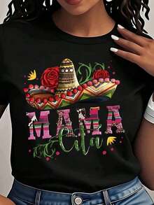 GiftGiftGiftGiftMexican Fiesta Mama Cita Camiseta para Mujer, Divertido Regalo para Mamá, Camiseta de Algodón con Diseño de Sombrero y Rosas para Celebración del Cinco de Mayo, Suave.SoftSoft - Negro - Ver 1