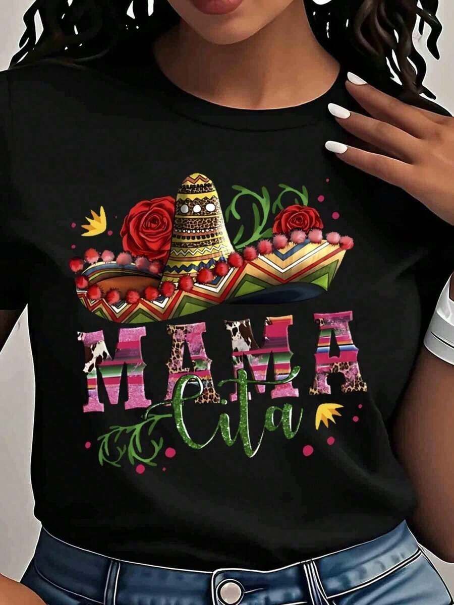 GiftGiftGiftGiftMexican Fiesta Mama Cita Camiseta para Mujer, Divertido Regalo para Mamá, Camiseta de Algodón con Diseño de Sombrero y Rosas para Celebración del Cinco de Mayo, Suave.SoftSoft - Negro - Ver 1