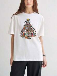 Camisetas de manga corta para mujer, con estampados interesantes, ropa hermosa. Camiseta blanca con estampado de estantería y árbol de Navidad para uso casual. - Blanco - Ver 7