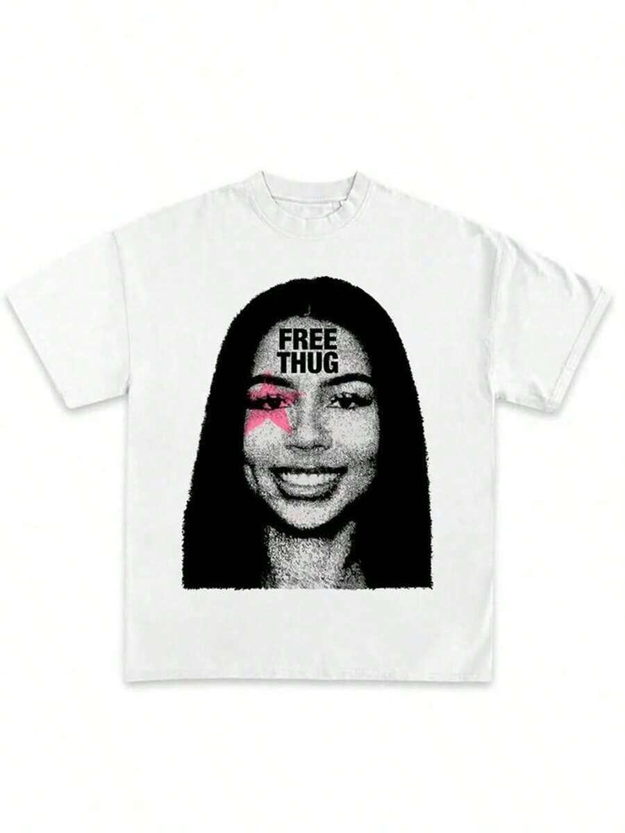 Men's And Women's Hip-Hop T-Shirt, Mariah Scientist Rapper, Classic Women's T-Shirt With Free Thugs Print, Crew Neck, Short Sleeve, Y2K Vintage Streetwear Style, YAYH Women's Oversized Cotton Graphic T-Shirt - 藍白色 - 查看 1