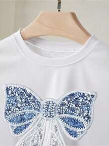 Plus Size Vintage Loose Fit T-Shirt With Embroidered Applique Print - Women's Spring/Summer Fashion, Unique, Sweet And Youthful Design, 3D Print With Pearl And Sequin Bow, Round Neck, Short Sleeve, Casual Loose Fit T-Shirt, Versatile For Everyday Wear, Flat Heat Transfer Printing With 3D Effect And For Dates, Urban Style For Daily Use, Machine Washable, Flat Heat Transfer Printing And Stamping With 3D Effects. - 白色 - 查看 4