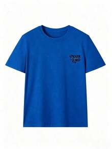 [Free Shipping] Women's Short Sleeve T-Shirt, Casual Summer Style, Simple Letter Print, Round Neck, Multifunctional, Camel Color, Ideal For Everyday Wear And Vacations. Casual Graphic T-Shirts For Women - 藍色 - 查看 3