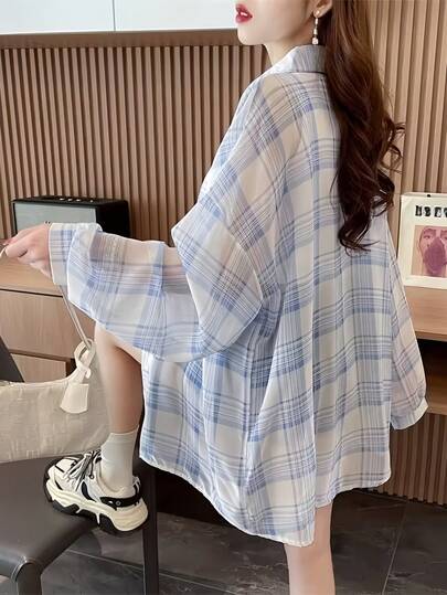 女士格子长袖轻薄宽松休闲防晒衬衫，夏季款
