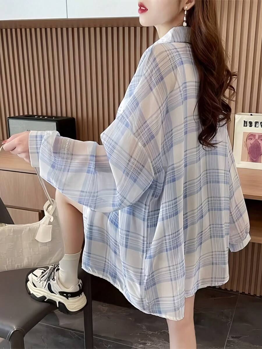 女士格子长袖轻薄宽松休闲防晒衬衫,夏季款 - 藍色 - 查看 1