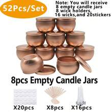52pcs Rose Golden Candle Jar Making Set | 2.2 Oz Round Iron Empty Candle Jars, Portable, Suitable For Various Craft Projects And Special Occasions, Includes 8 Jars, 8 Wick Holders, 16 Wicks, 20 Sticker Sheets, Reusable - 52pcs/set - View 9