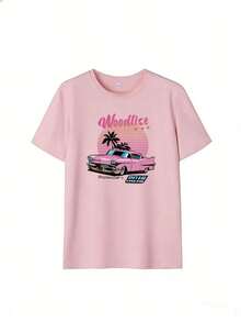Pink Classic Car And Sunset Palm Tree T-Shirt, Fashionable Short-Sleeved T-Shirt For Spring And Summer 2026, Made In Mexico, 180 Grams. Cartoon Print, Couple Design, Suitable For Indoor Or Outdoor Wear. Crew Neck, Unisex, Ideal For Office And Leisure. One-Pack. - PK-P631577SLNDXZGY502 - 查看 2