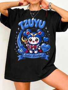 Twic.E Tzuyu Chibi Sailor Shirt, K-Pop Fan T-Shirt. Vintage Graphic Print, Casual Black Cotton Short-Sleeved T-Shirt. - Black - View 6
