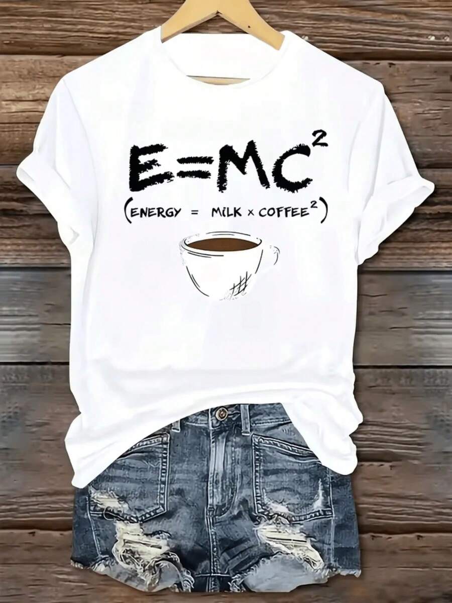 Camiseta de Cuello Redondo, Manga Corta, Lavable a Máquina, Blanca, Casual para Mujer, Café, Talla L-1 (2) > Hermosa. - Blanco - Ver 1