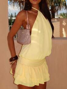 Vestido corto de verano de gasa con espalda descubierta para mujer, drapeado, para fiestas y vacaciones - Amarillo - Ver 2