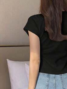 Camiseta básica de mujer de cuello redondo de unicolor de manga corta, blanca, para primavera/verano, de estilo casual de oficina - Negro - Ver 2