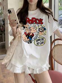 Camiseta Personalizada Nueva Casual de Estilo Simple con Estampado de Dibujos Animados para Mujer - Camiseta de Algodón de Manga Corta con Cuello Redondo de Estilo Vintage Urbano - Blanco - Ver 2