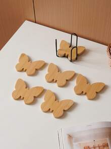 6pcs Butterfly Wooden Coaster Set: Natural Wood Butterfly-Shaped Coasters With A Black Metal Storage Rack. - Multicolor - View 13