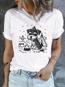Oferta por tiempo limitado, compra limitada, flash oferta,blusas para dama casuales,poleras mujer,playeras de mujer>algodon,blusas>elegante,Camiseta de cuello redondo con estampado de perro, top de manga corta casual para primavera y verano, ropa de mujer Blusas Bonito 100% Cotton - Blanco - Ver 1