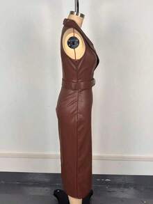 Women's New PU Leather Dress | Elegant Western Style | Fitted Waist With Belt | Irregular Hip-Hugging Cut - 中等水洗藍 - 查看 3