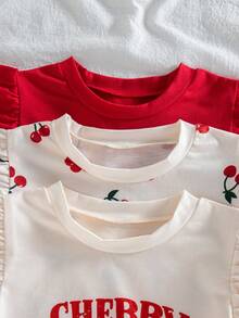 3pcs/Set Girls' Casual Outgoing Fashion Cherry & Letter Print Round Neck Sleeveless Tops, Summer - Multicolor - View 3
