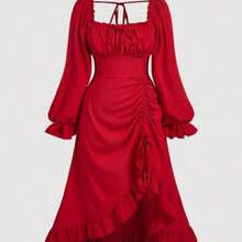 MOD Plus Size Red Vintage Square Collar Puff Sleeve Drawstring Ruffle Hem Long Dress For Women, , Costume, Day Of The Dead Outfit - Rojo - Ver 1