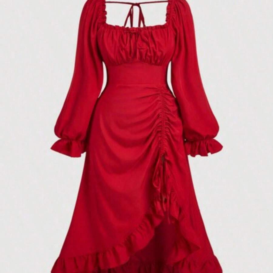 MOD Plus Size Red Vintage Square Collar Puff Sleeve Drawstring Ruffle Hem Long Dress For Women, , Costume, Day Of The Dead Outfit - Rojo - Ver 1