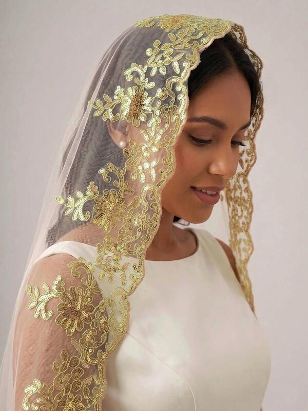 1 Pc Mantilla Wedding Veil Fingertip Length 95CM Bridal Veil With Gold Sequins With Comb For Bride Wedding Photography White Ivory