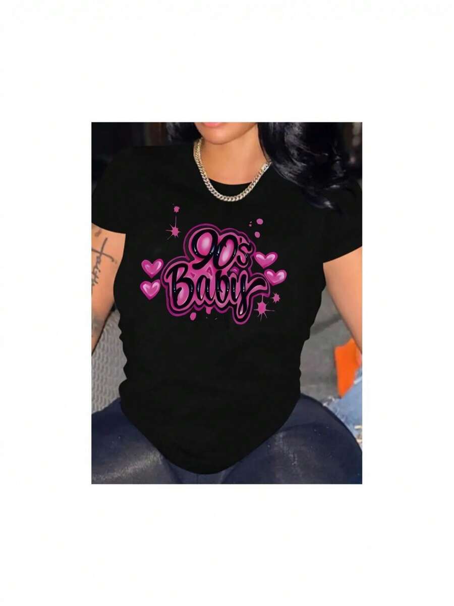 YOCASA Camiseta Casual de Verano para Mujer, con Cuello Redondo, Ajustada y Manga Corta, con Estampado de Pintura al Óleo, Floral, Corazón, Cereza y Patrones de Letras. Tejido Casual Simple, Estilo Deportivo, Ideal para Uso Diario y un Citas de San Valentín. - Negro - Ver 1