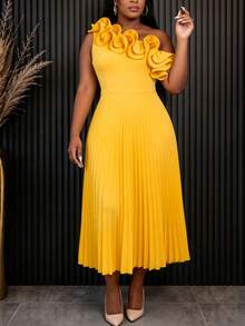 女士优雅黄色褶皱A字连衣裙，单肩层叠荷叶边，中长款，适合春夏婚礼宾客、派对、晚宴等场合穿着。 - 黃色 - 查看 2