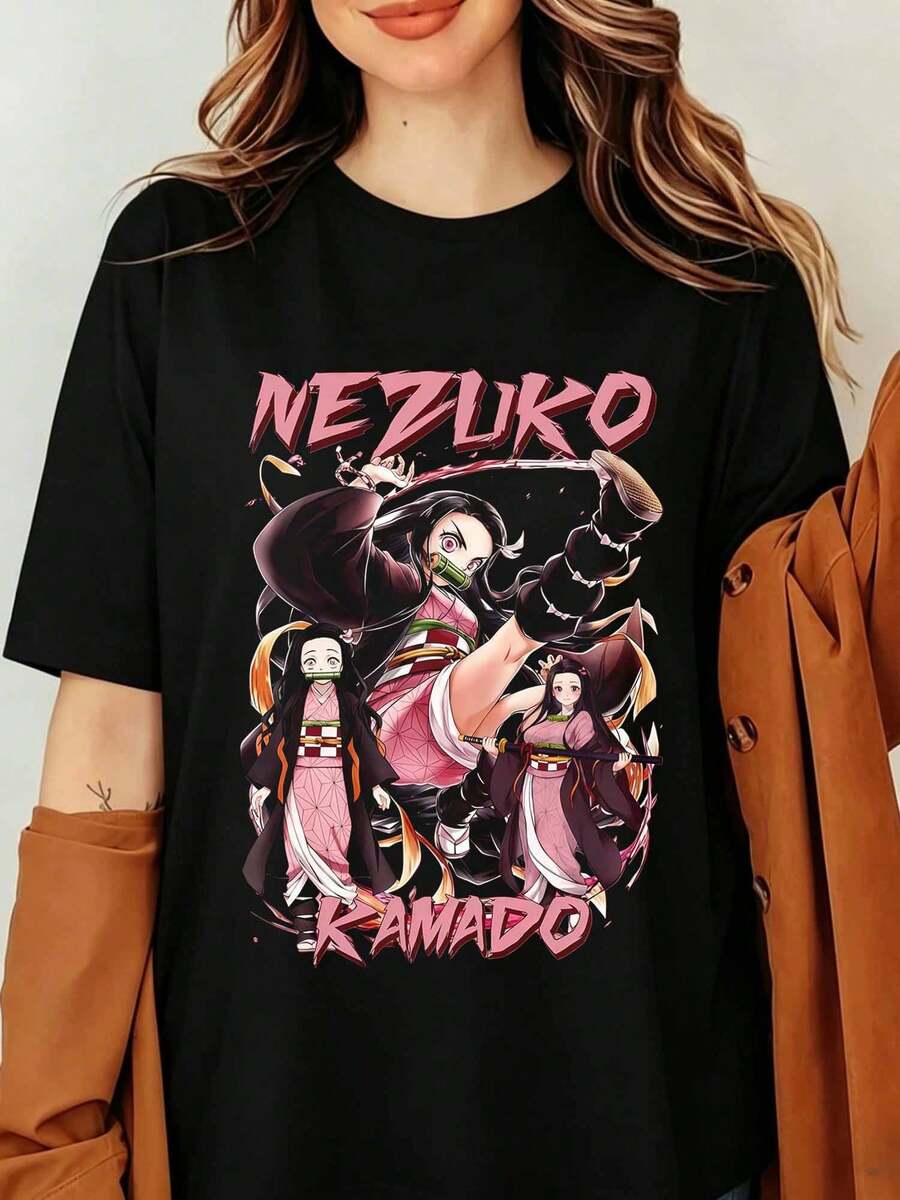 NEZUKOS KAMADO Demonss Slayers Kimetsu No Yaiba Anime Graphic T-Shirt, Manga Portrait Pink Aesthetic Tee, Japanese Cartoon Fans Merch Streetwear Unisex Black Cotton Short Sleeve Top, Anime T-Shirt Unisex - Black - View 1
