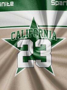 Manfinity  Camiseta de cuello redondo para hombre con estampado de estrella de California 23, camiseta deportiva casual de cuello redondo con bloque de color retro y estilo callejero en colores terrosos - Verde militar - Ver 3