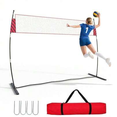 Portable Volleyball Net Set 12ft, Adjustable Height 7.4-8ft, Freestanding Fiberglass Frame With Steel Base, Outdoor Net With Carry Bag, Red