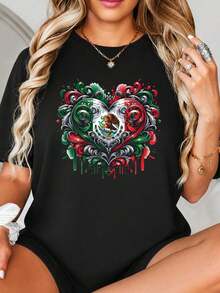 Diseño de impresión gráfica corazón mexicano Fl-ag, Arte de remolino grunge con escudo de águila, Color blanco R-ed Gr-een, Tema de amor patriótico para Decor.jpgRegalos personalizados: Camisetas para mujer con estilos modernos, hippies, casuales y minimalistas. Ropa masculina personalizada única, armarios cápsula, ropa básica/urbana para hombre. Regalos ideales para novios, familiares y amigos, adecuados para cumpleaños, vacaciones, colegio/competiciones, deportes/escalada, etc., también adecuados para la moda de otoño y actividades urbanas. Verano negro. - Negro - Ver 2