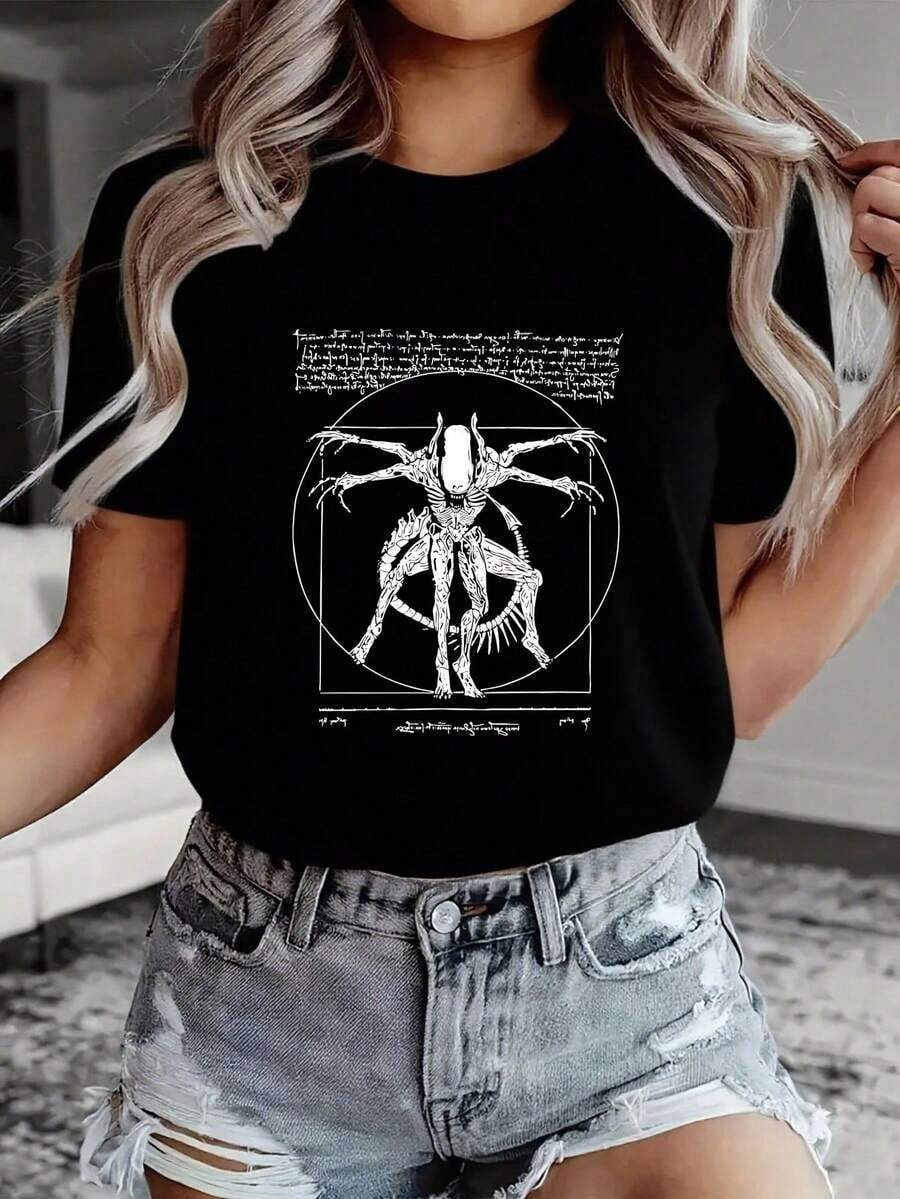 And  | Alien Vitruvian Man T-Shirt | 100% Pure Cotton | Soft And Comfortable | Perfect For Casual Wear And Gifting. | White Crew Neck T-Shirt | Made And Shipped In Mexico | Unisex Design | Men's T-Shirt | Women's Tops & Sweatshirts | Y2k T-Shirt Shirt - 黑色 - 查看 1