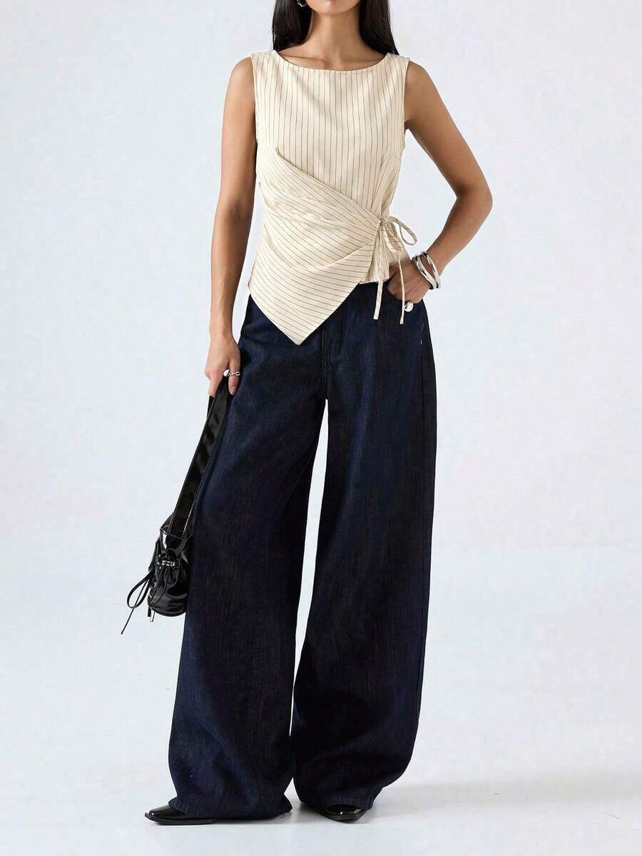 Blusa sin mangas con lazos laterales a rayas para vacaciones de verano de mujer - Albaricoque - Ver 1