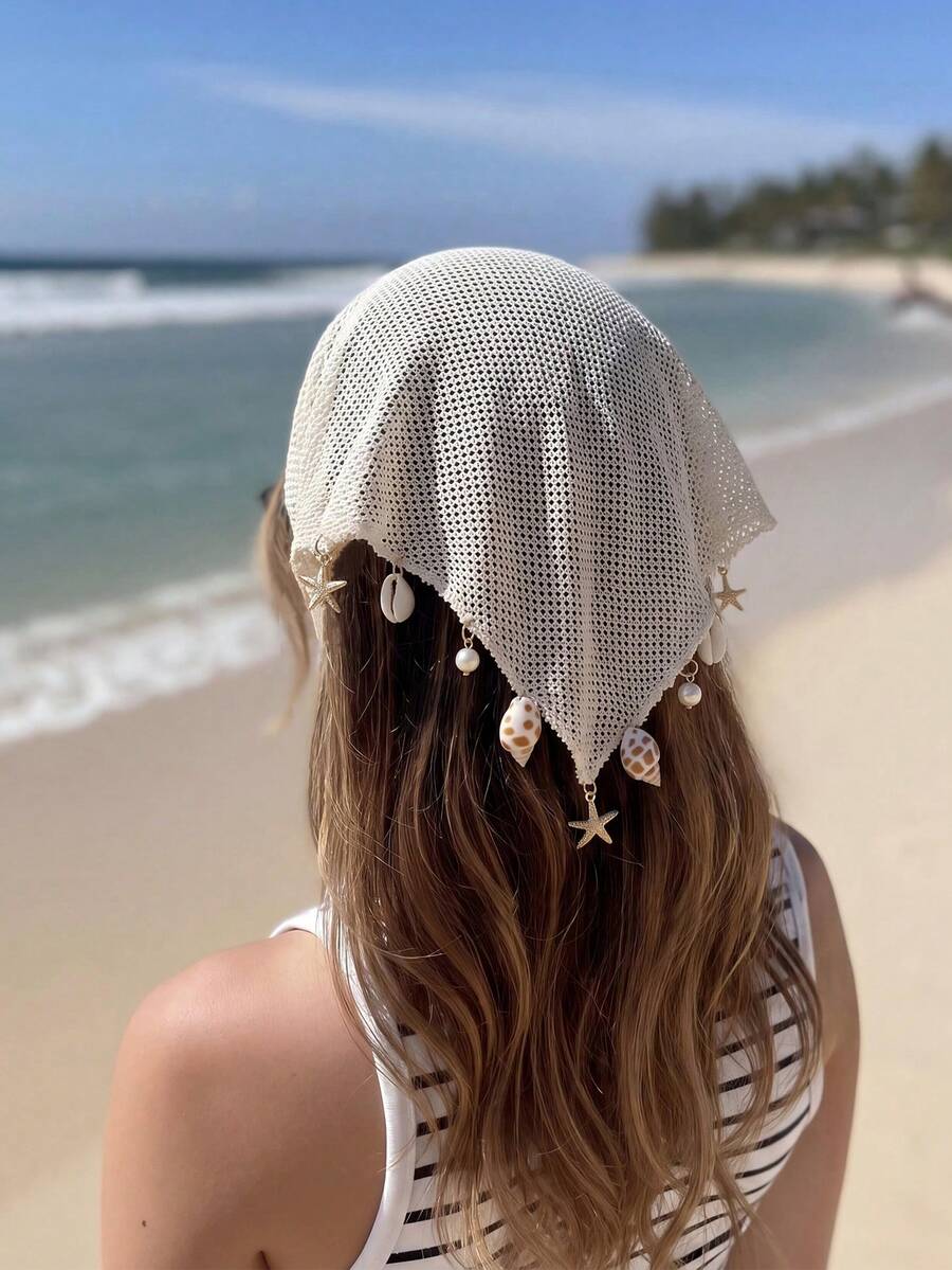 1件女士手工刺绣荷叶边海星贝壳装饰头巾,适合日常佩戴和夏季度假发饰沙滩发带度假头巾优雅围巾女士头巾 - 白色 - 查看 1