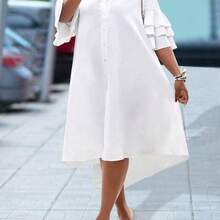 Women Solid Color Simple Casual Beach Short Sleeve Layered Ruffle Sleeve Shirt, Uneven Hem Mid-Length Dress,Graduation Dress - Rosa - Ver 4