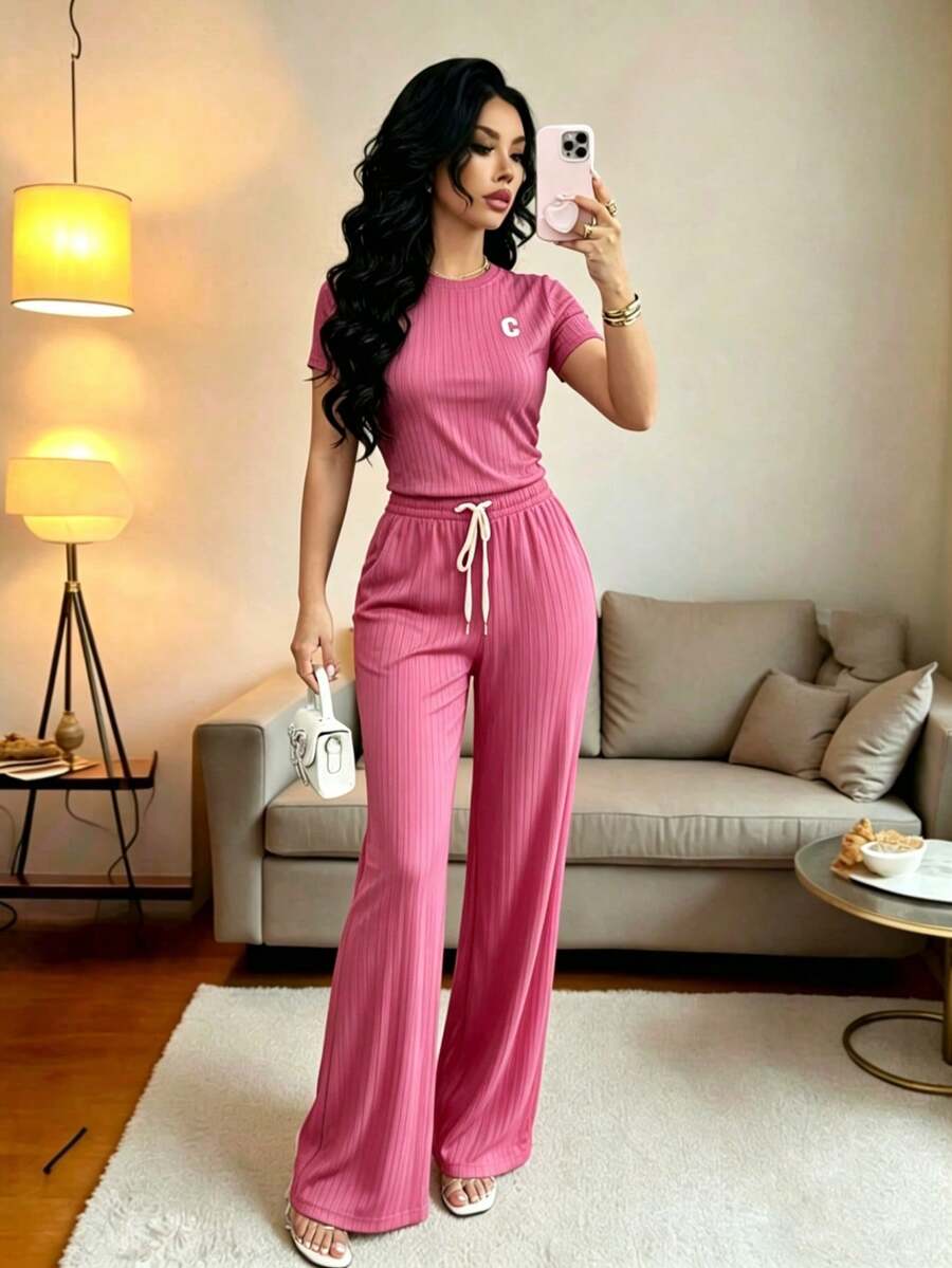 el mejor regalo para el Día de la Madre:Conjunto deportivo de mujer con top corto de manga corta y pantalones acampanados con cintura anudada, para primavera/otoño - Rosa vieja - Ver 1