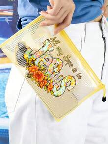 Bolsa de playa de malla de colores a prueba de agua, bolsa de maquillaje con estampado de letras florales "Jesús", bolsa de maquillaje transparente de gran capacidad - Multicolor - Ver 4