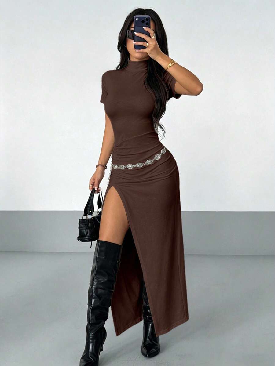 AITYI Studio Women's Slit Dress, Summer Casual Brown Bodycon Ruched Design, Elegant,Ins,Beach,Vacation,Going Out,Back To School,Fall,Halloween - Dark Brown - View 1