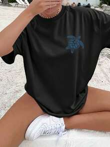 Women's Casual Summer Top, Retro Style, Decorated With Turtle And Wave Patterns (The Ocean Is Calling).Summert Shirts.Summer Tops - Black - View 1