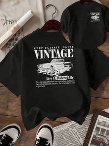 Classic Car Representing Freedom And The Value Of Keeping The Essence Of The Past Alive While Celebrating The Pursuit Of New Experiences And Modern Horizons. Women's T-Shirt With Double Retro Print, Casual And Comfortable For Everyday Wear. - 黑色 - 查看 8