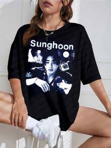 Camiseta Unisex con Estampado de Idol K-Pop Retro, Cuello Redondo, Manga Corta, Diseño Casual, Ideal para Fans - Negro - Ver 1