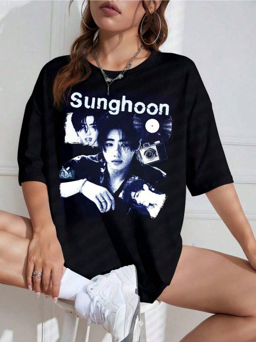 Camiseta Unisex con Estampado de Idol K-Pop Retro, Cuello Redondo, Manga Corta, Diseño Casual, Ideal para Fans - Negro - Ver 1