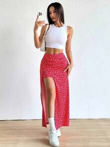 Falda larga con diseño floral pequeño y abertura en el dobladillo - Rojo - Ver 5