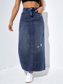 Falda larga de mezclilla desgastada para mujer - Azul lavado oscuro 3 - Ver 4