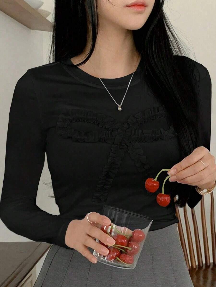 Camiseta casual de verano para mujer con volantes y decorativa con lazo, crop tops para mujer, camisetas gráficas - Negro - Ver 1