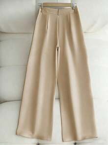 Pantalones casuales sueltos con bolsillos plisados de unicolor para mujer - Caqui - Ver 2