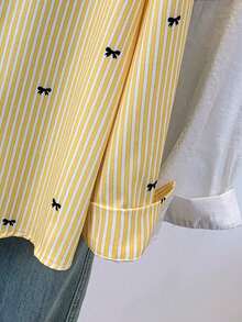 Camisa de manga larga con estampado a rayas y lazo, con botones delanteros, cuello de camisa, top casual, adecuado para primavera, otoño e invierno en color rosa - Amarillo - Ver 10