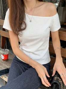 Camiseta básica de mujer de cuello redondo de unicolor de manga corta, blanca, para primavera/verano, de estilo casual de oficina - Blanco 2 - Ver 2