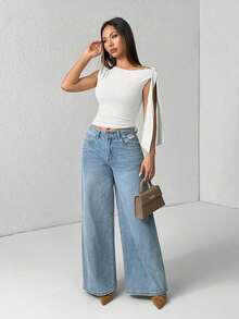 Top de hombro asimétrico con tirantes de atar de unicolor para mujer - Blanco - Ver 5